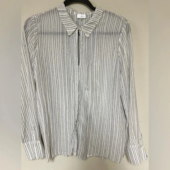 Ecru 100% Silk Black and White Striped Shirt Size L - Picture 1 of 10